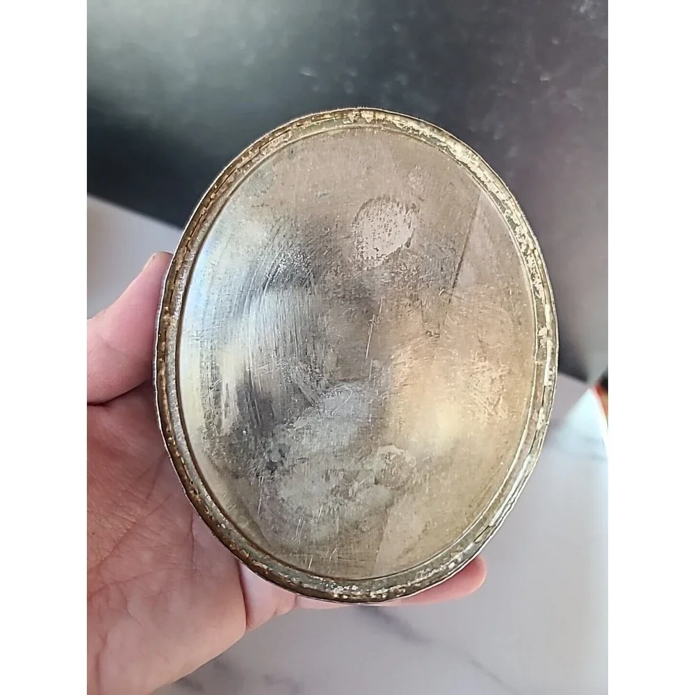 Oval Chinese Silver & Figural Female Porcelain Lidded Domed Box 4.5